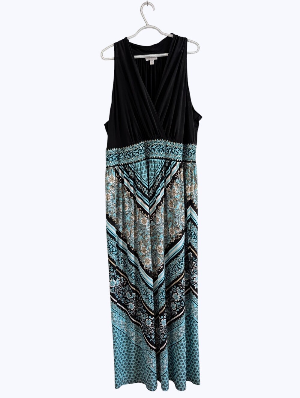 London Times 22W Blue Floral Geometric Faux Wrap Maxi Dress Boho Chic Weddings